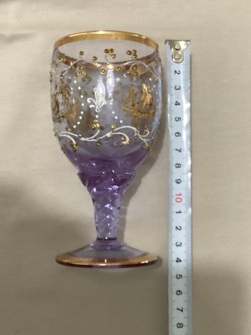 ヴィンテージ　リモージュワイングラス　金粒　紫色の高脚グラス 金色装飾　希少品