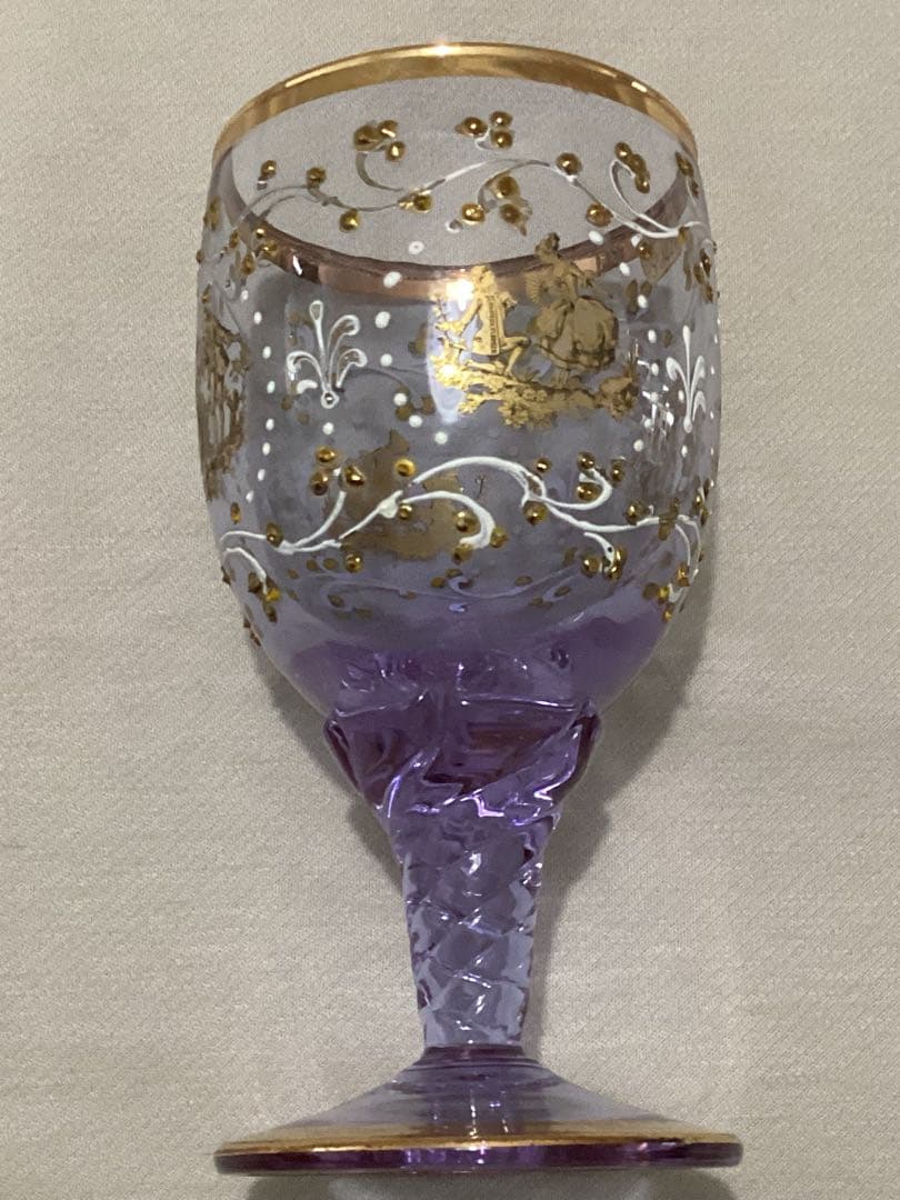 ヴィンテージ　リモージュワイングラス　金粒　紫色の高脚グラス 金色装飾　希少品