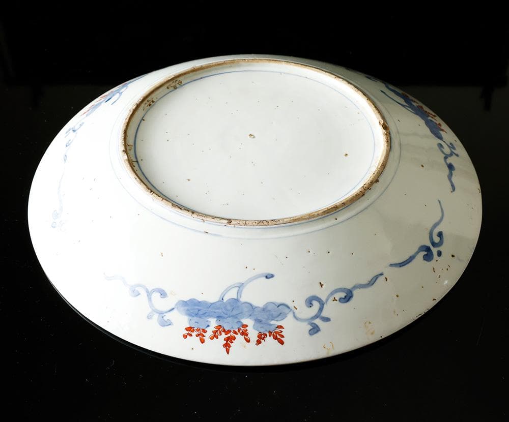 時代物 古伊万里 染錦手 見込に花 竹 松下賢人図 色絵 尺寸大皿 直径40㎝