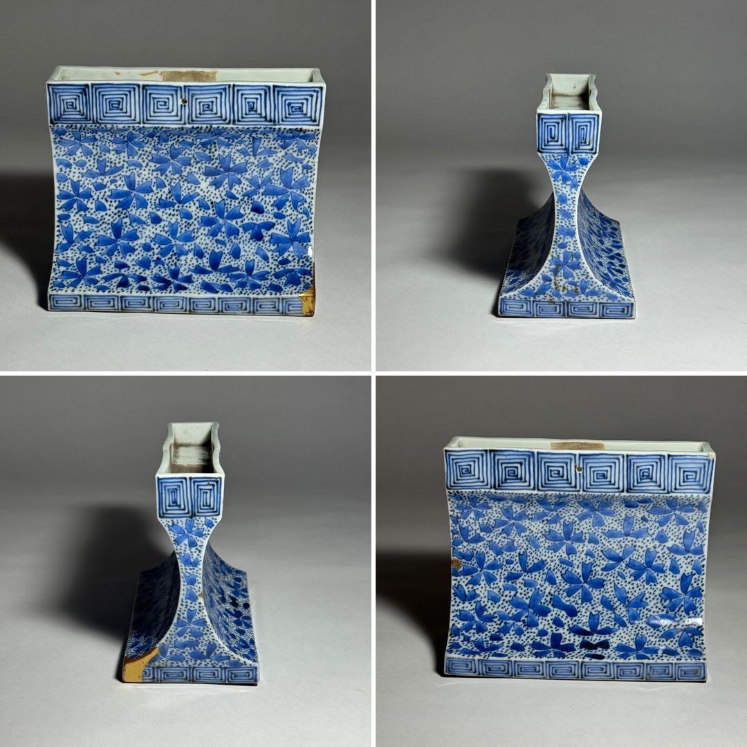 ◆希少 古伊万里染付 桜吹雪文硯屏 古い金継ぎ 書道具 文房四宝 江戸時代後期◆