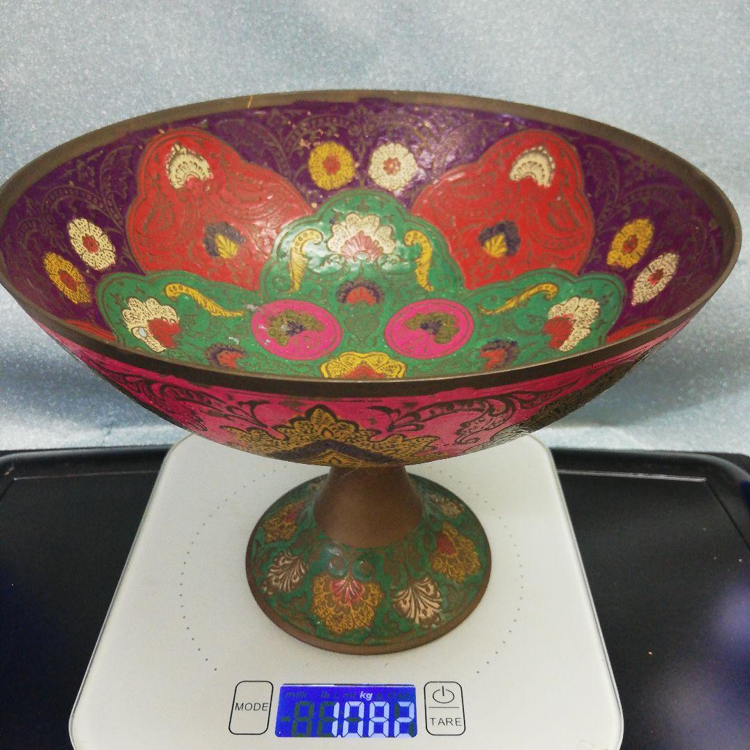 稀少アジアンアンティーク時代彩色孔雀他図柄古銅真鍮製杯台１００年以上前頃当時物