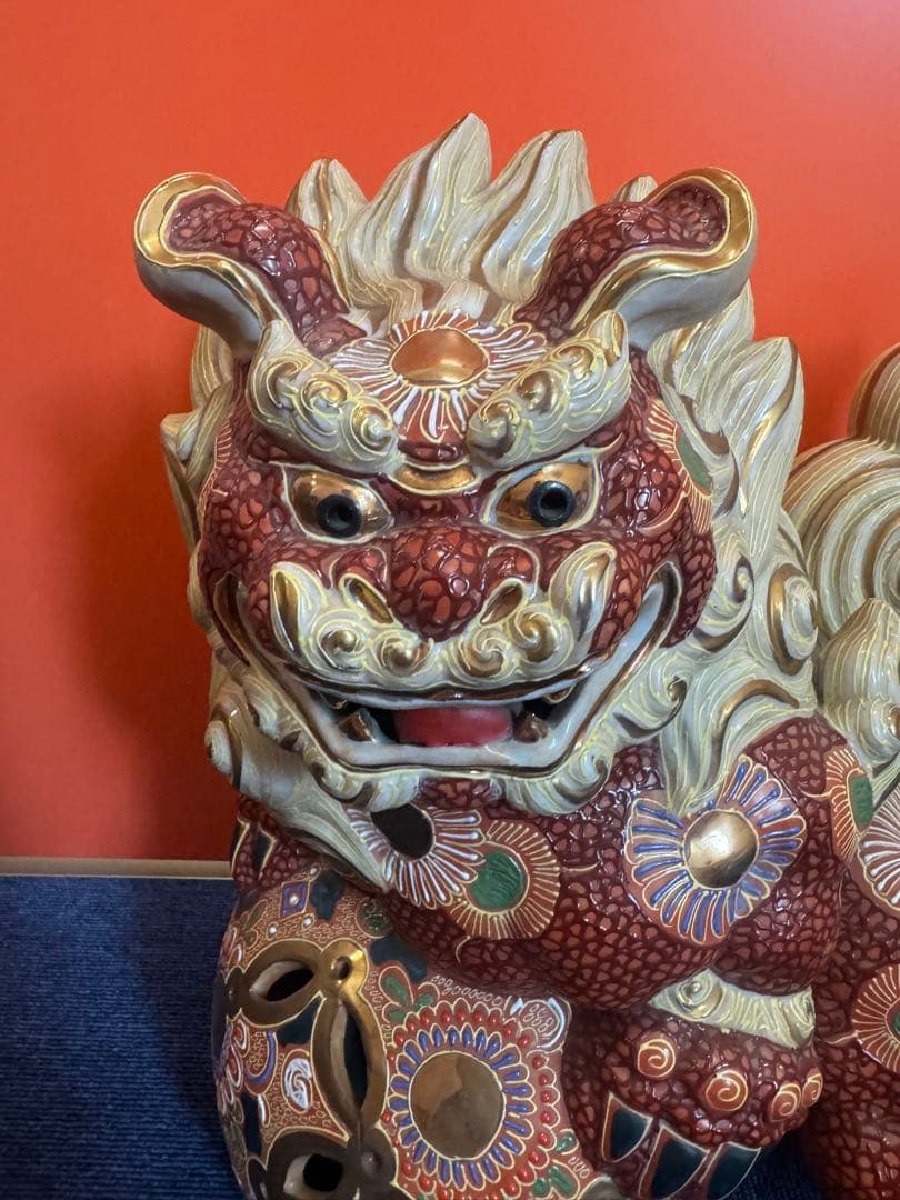 1903 九谷焼 太吉　特大　38cm  玉乗り獅子 狛犬 置物 縁起物