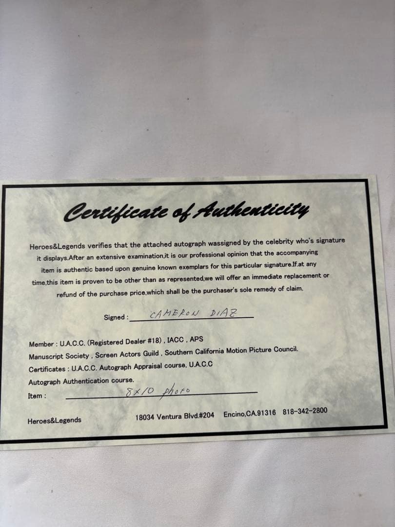 キャメロンディアス　直筆サイン