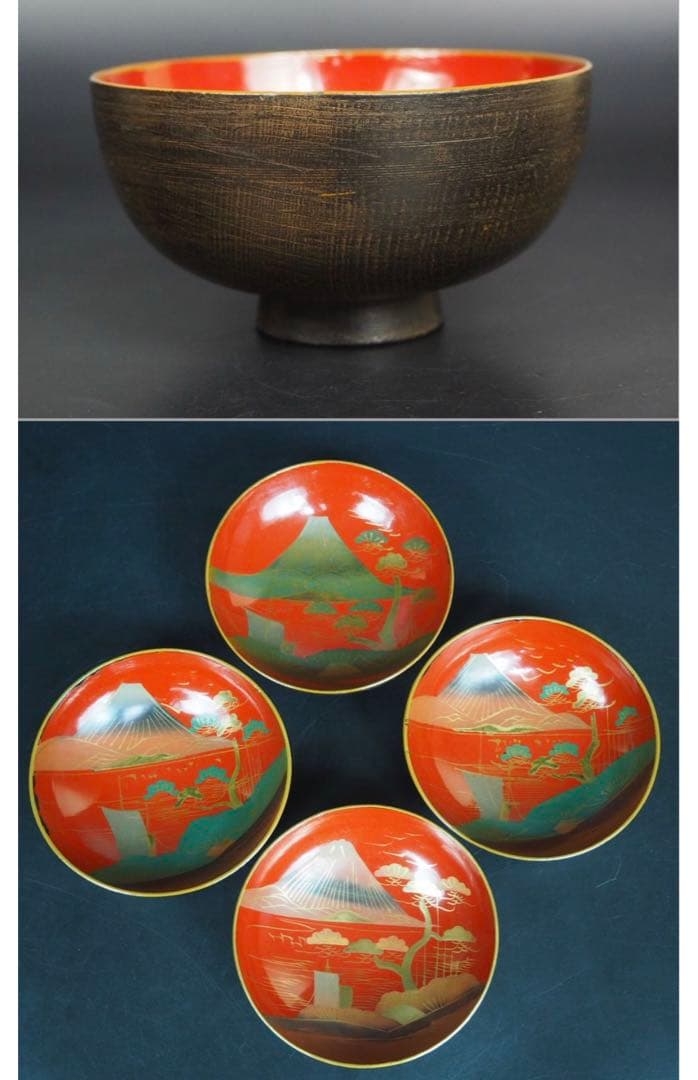 ユズコ送料無料　江戸幕末　鉄錆塗天然木椀4客　会津塗