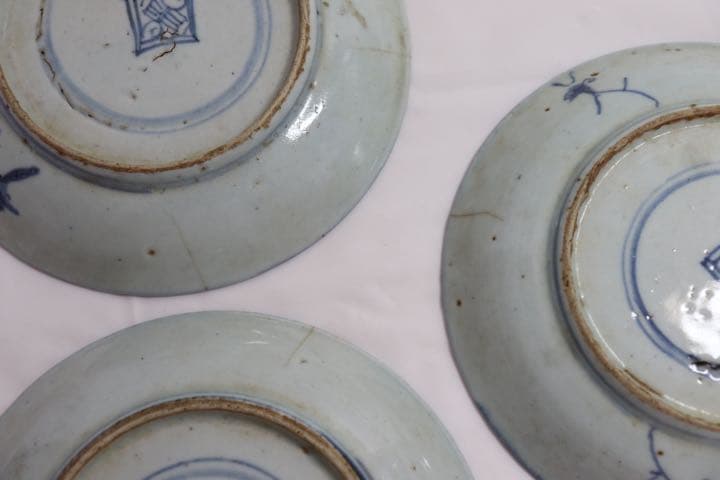 中国　清朝期　染付中皿3点　アンティーク　送料込み1001