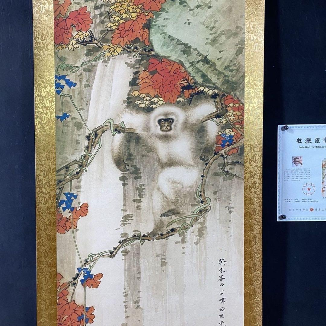 四尺中堂 中国花鳥画 田世光 紅葉白猿図 掛軸 証書付