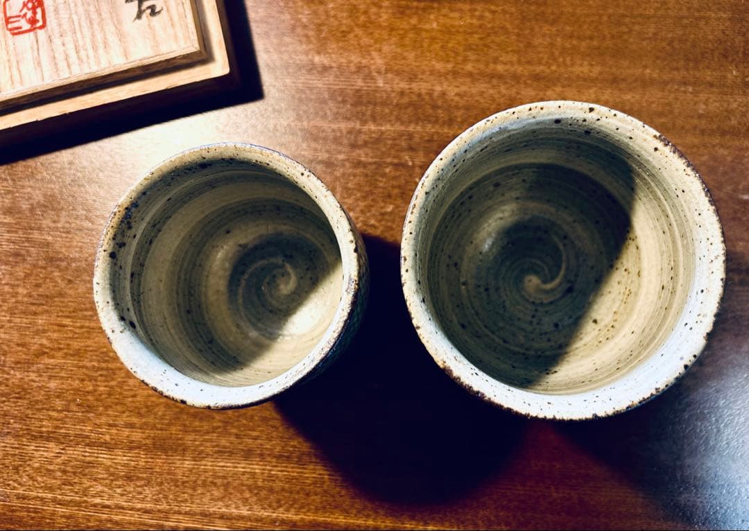 人間国宝　島岡達三　益子焼　象嵌夫婦湯呑み　共箱付き