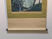 【真作】掛軸　山水画　滝図　青緑山水　山岳と滝　古美術品　合箱入　U56