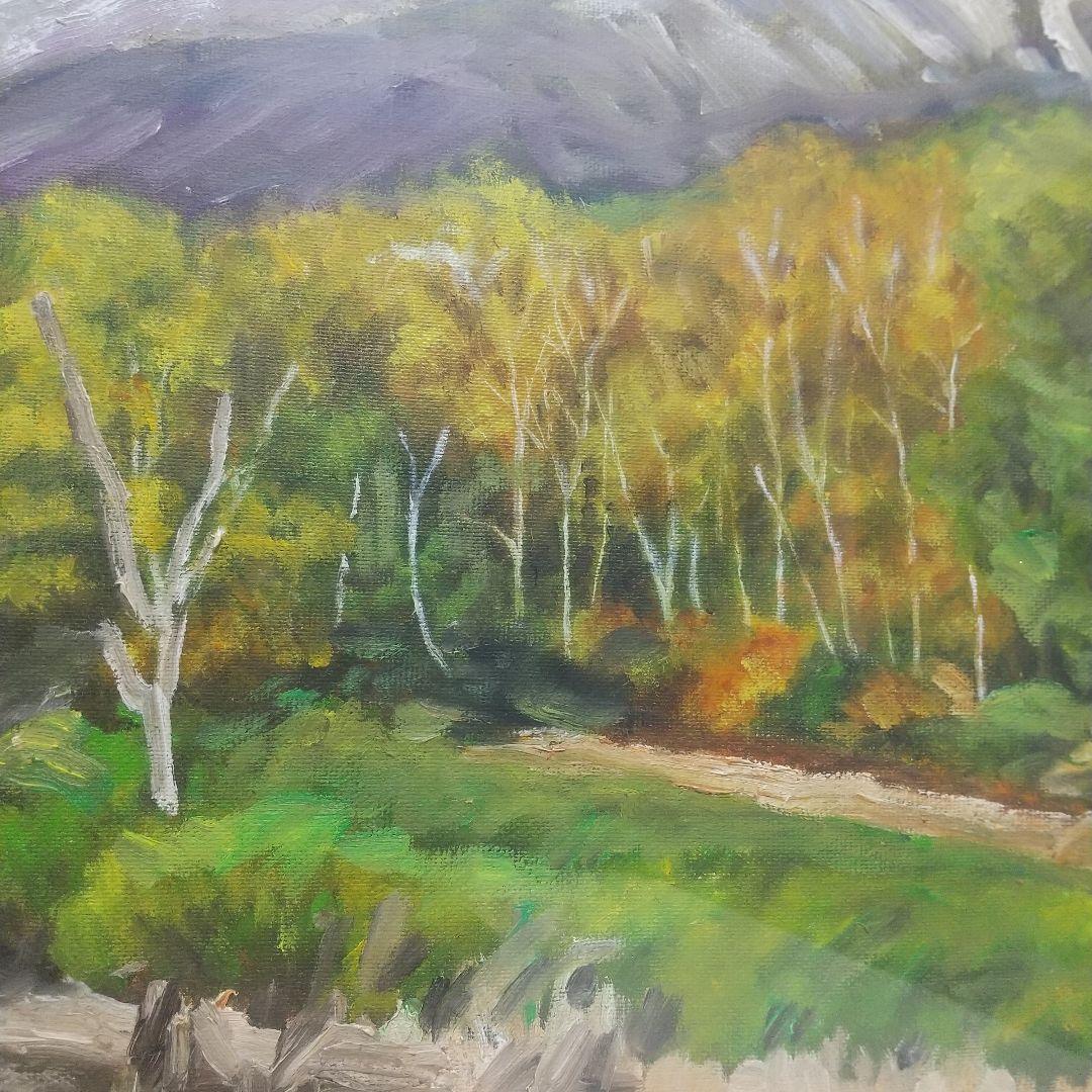 油彩画 山と湖の風景 金色フレーム付き