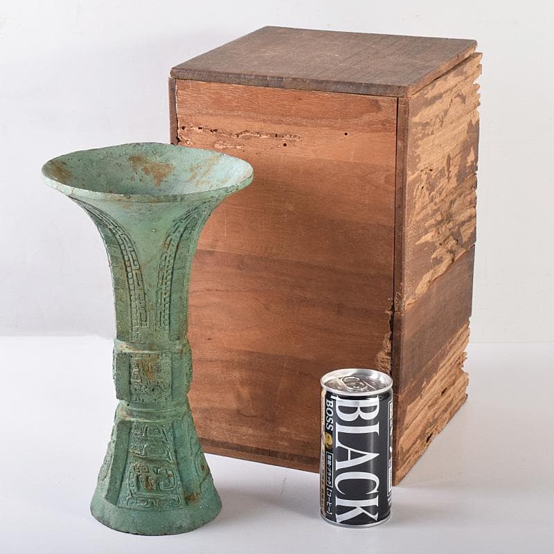 中国　古銅青銅　饕餮文　四方尊式瓶　時代箱付　V　R7775B