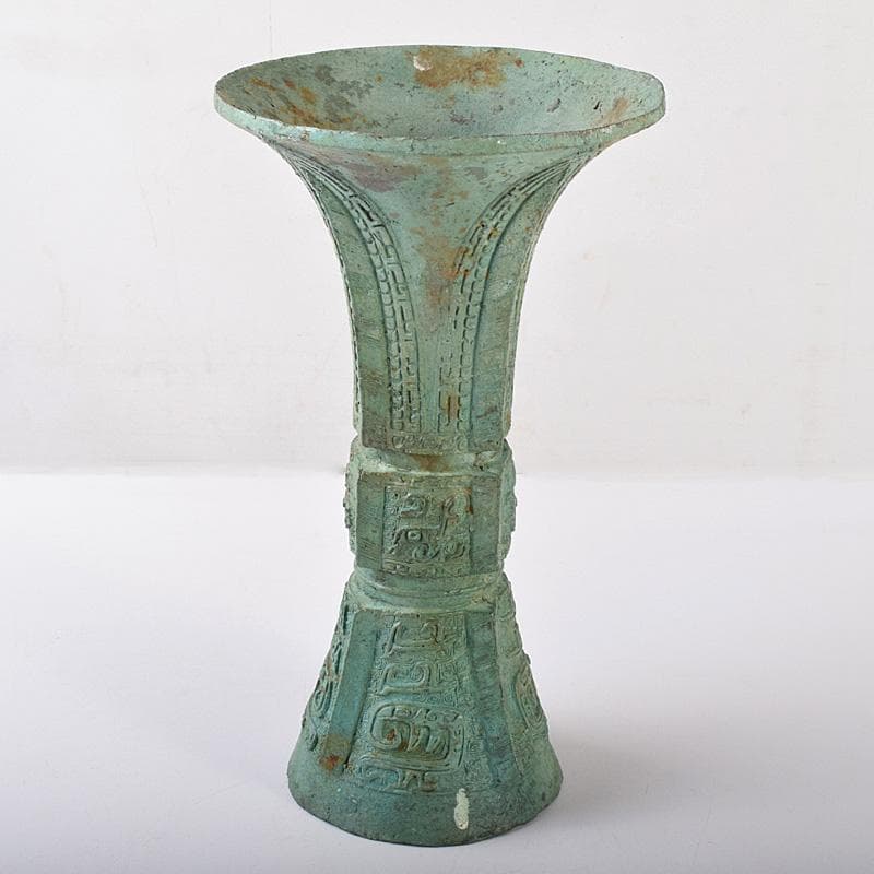 中国　古銅青銅　饕餮文　四方尊式瓶　時代箱付　V　R7775B