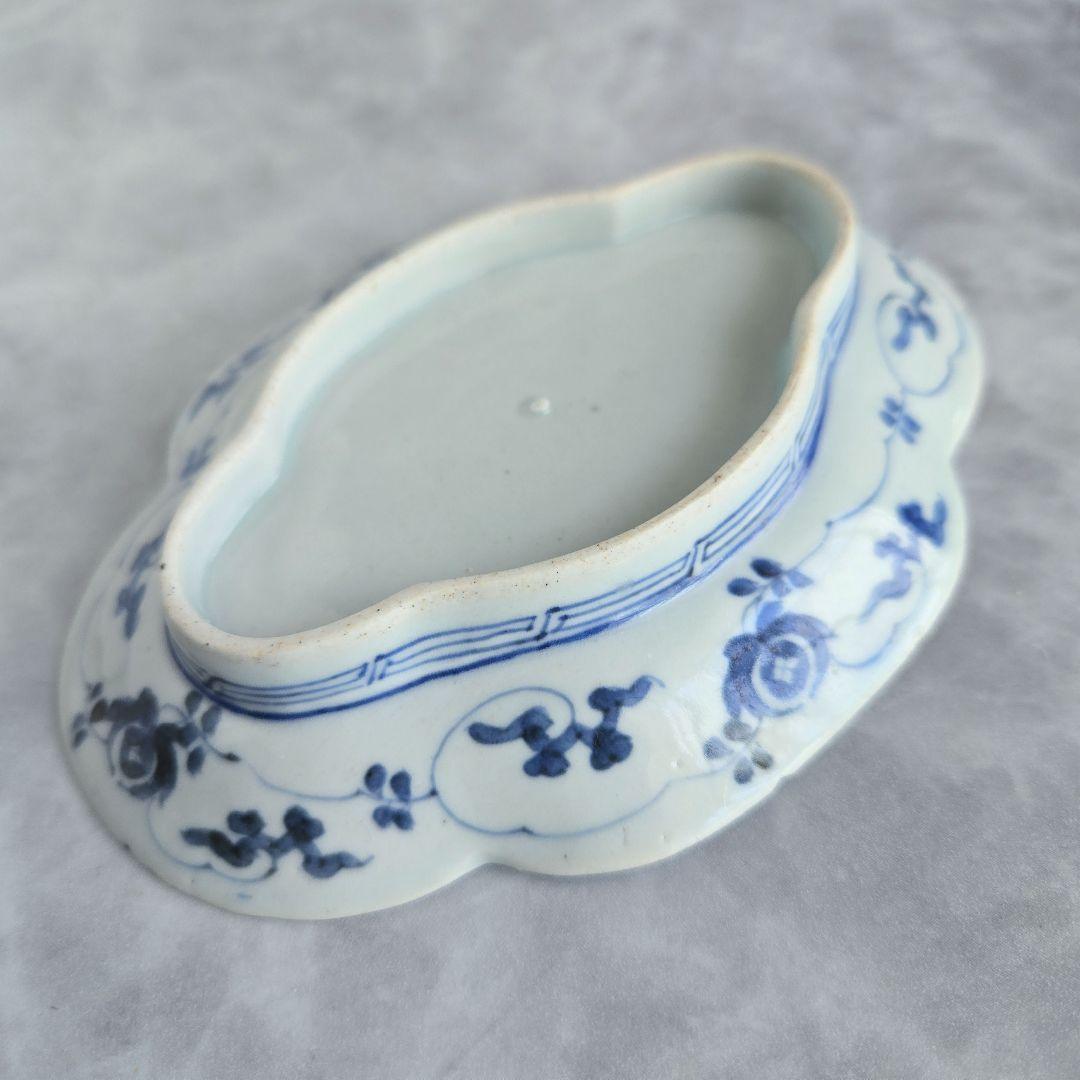 古伊万里　染付　花唐草　変形　小皿　江戸時代　金直し　金継ぎ　骨董　アンティーク