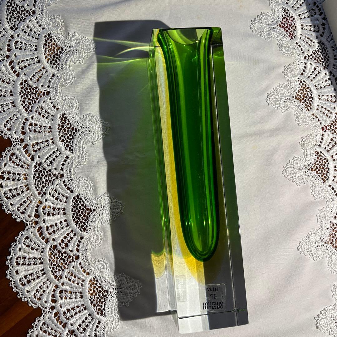 Murano Vetri グリーン ムラノ クリスタル 花器 【新品箱入】