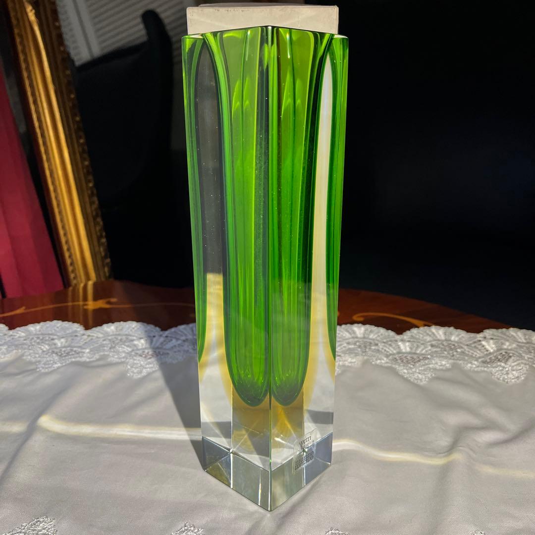 Murano Vetri グリーン ムラノ クリスタル 花器 【新品箱入】