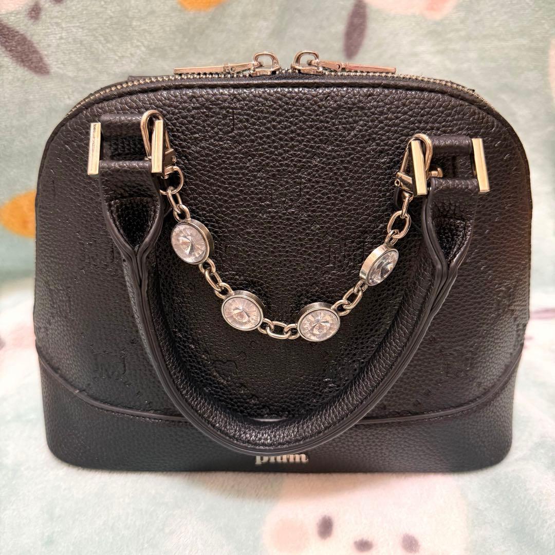 pium ピウム ビジュー付き モノグラムミニバッグ ブラック ベルト付き