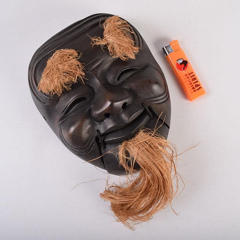 能面　能楽　雅楽　木彫　黒色尉　お面　在銘　時代箱　V　R8891