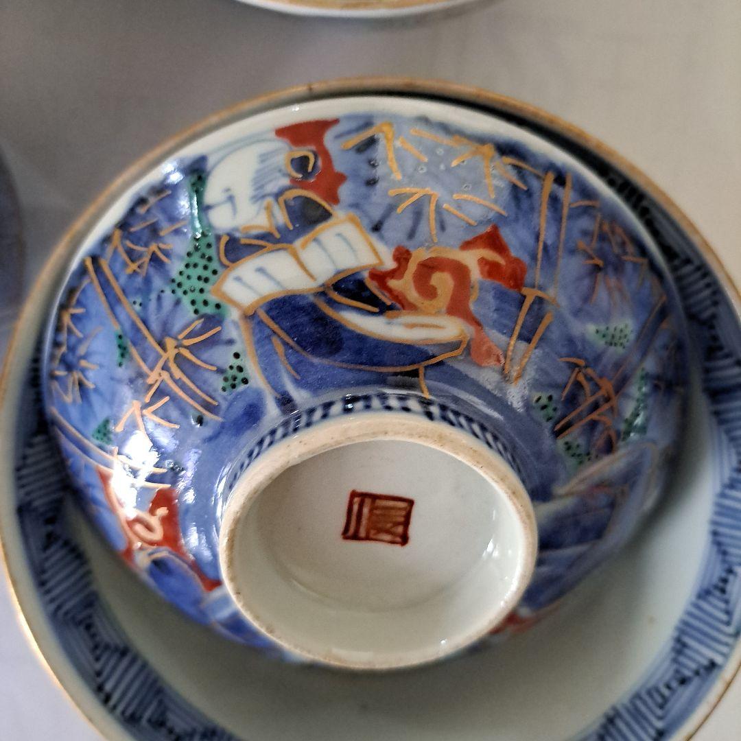 江戸中期　極上品　向付　蓋付　金彩赤絵　　竹林三賢人文　角福　五客セット