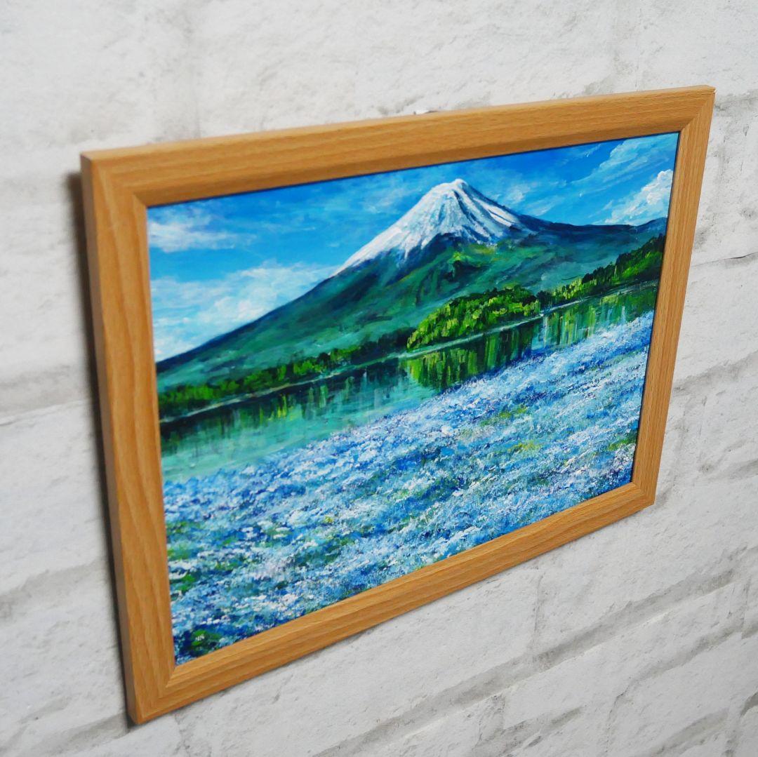 油絵 油彩 油彩画 絵 絵画 【ネモフィラと富士山】