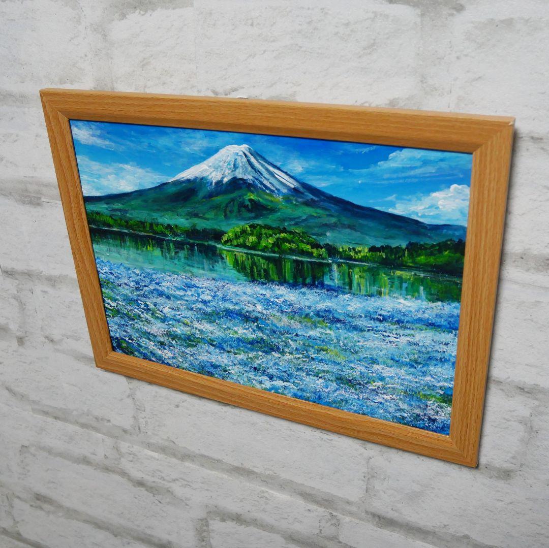 油絵 油彩 油彩画 絵 絵画 【ネモフィラと富士山】