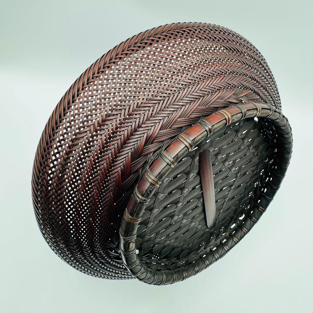 【竹旬斎在銘　花籠　銅製水盤】花器　花盛　竹細工　アンティーク