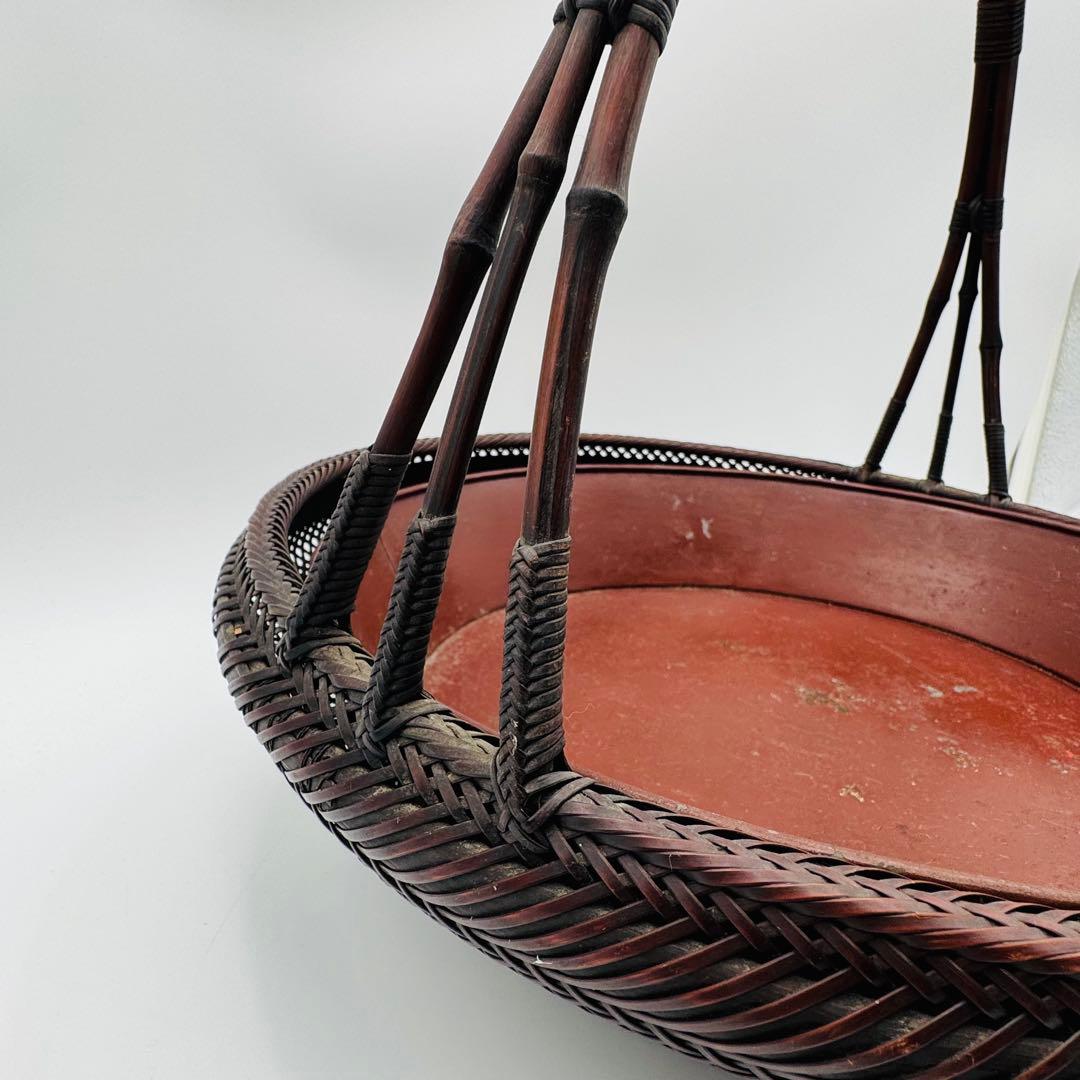 【竹旬斎在銘　花籠　銅製水盤】花器　花盛　竹細工　アンティーク