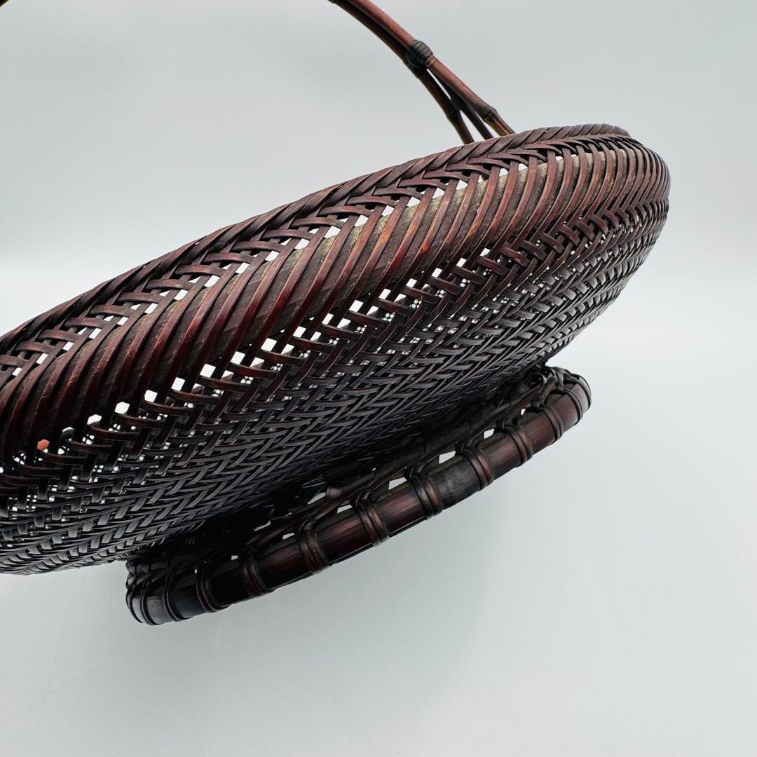 【竹旬斎在銘　花籠　銅製水盤】花器　花盛　竹細工　アンティーク