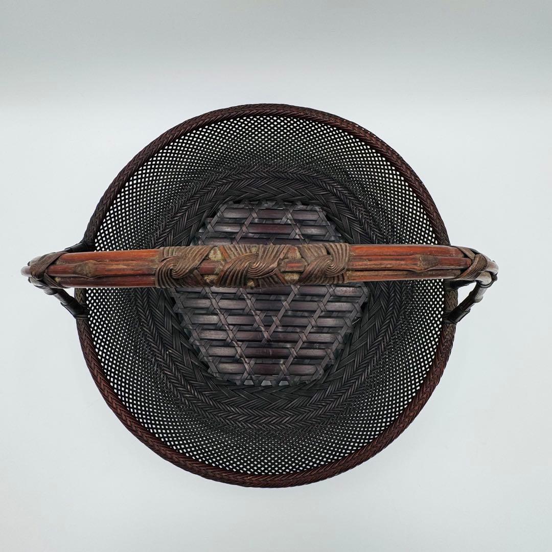 【竹旬斎在銘　花籠　銅製水盤】花器　花盛　竹細工　アンティーク