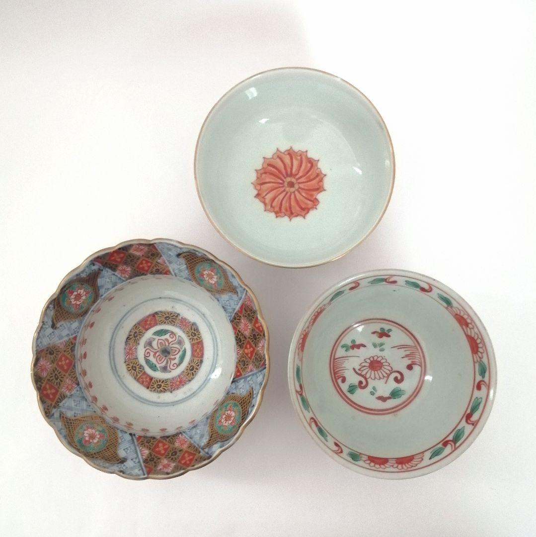 金継ぎ用　古伊万里　色絵　赤玉　３客セット
