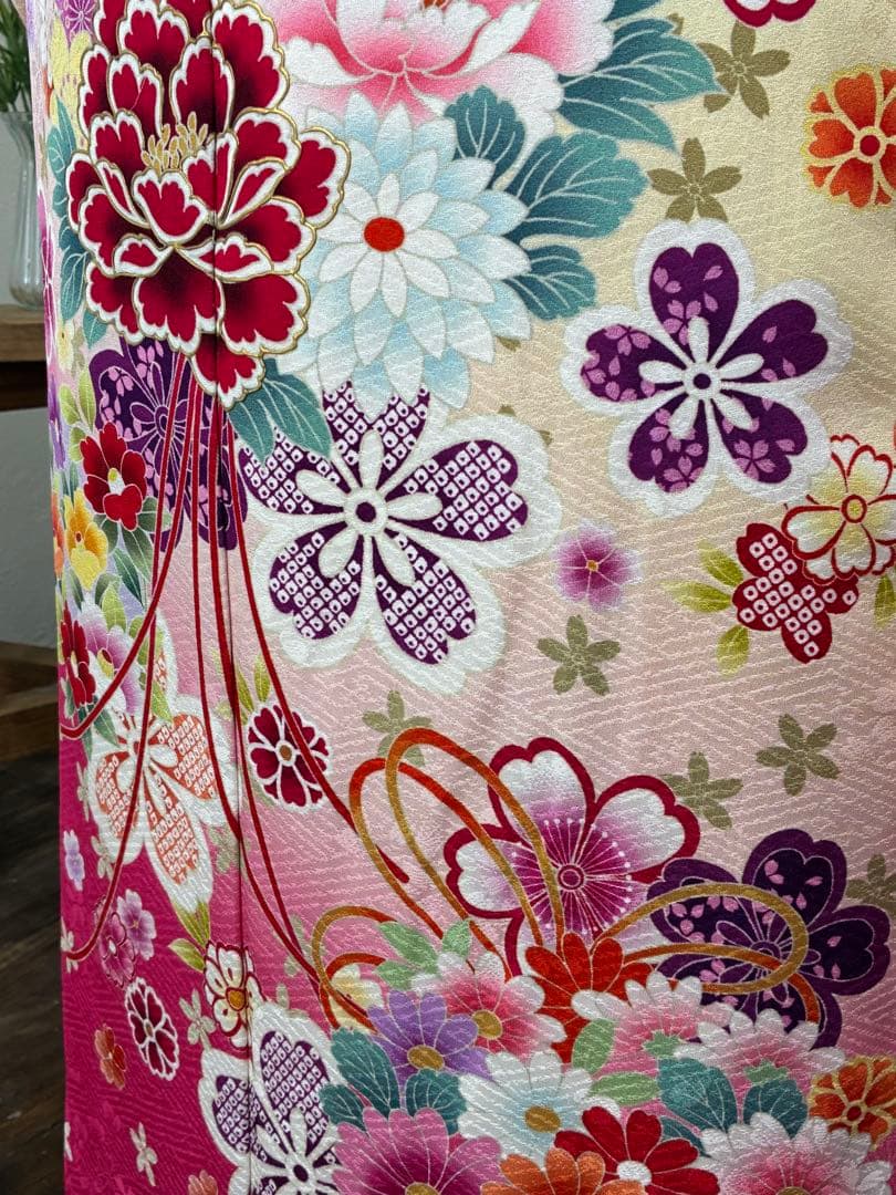 成人式　単品　1140 薄黄色&ピンク　正絹　振袖　格安！