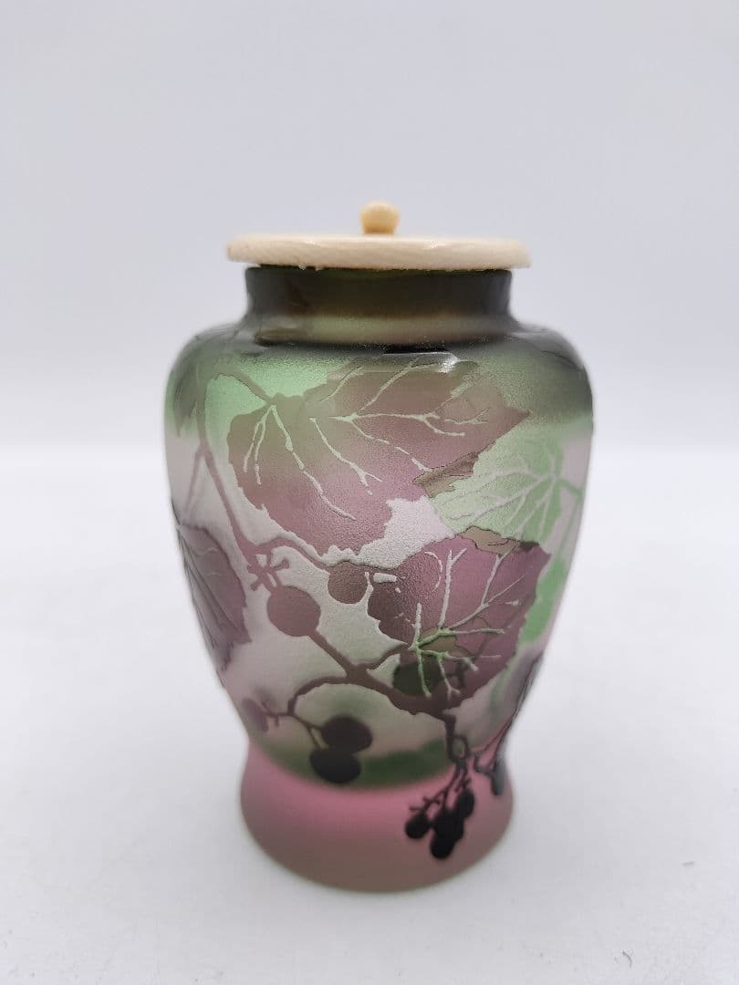 c208 茶入 ぎやまん 葡萄 北一硝子 共蓋 牙蓋付 木箱 茶道具 古物