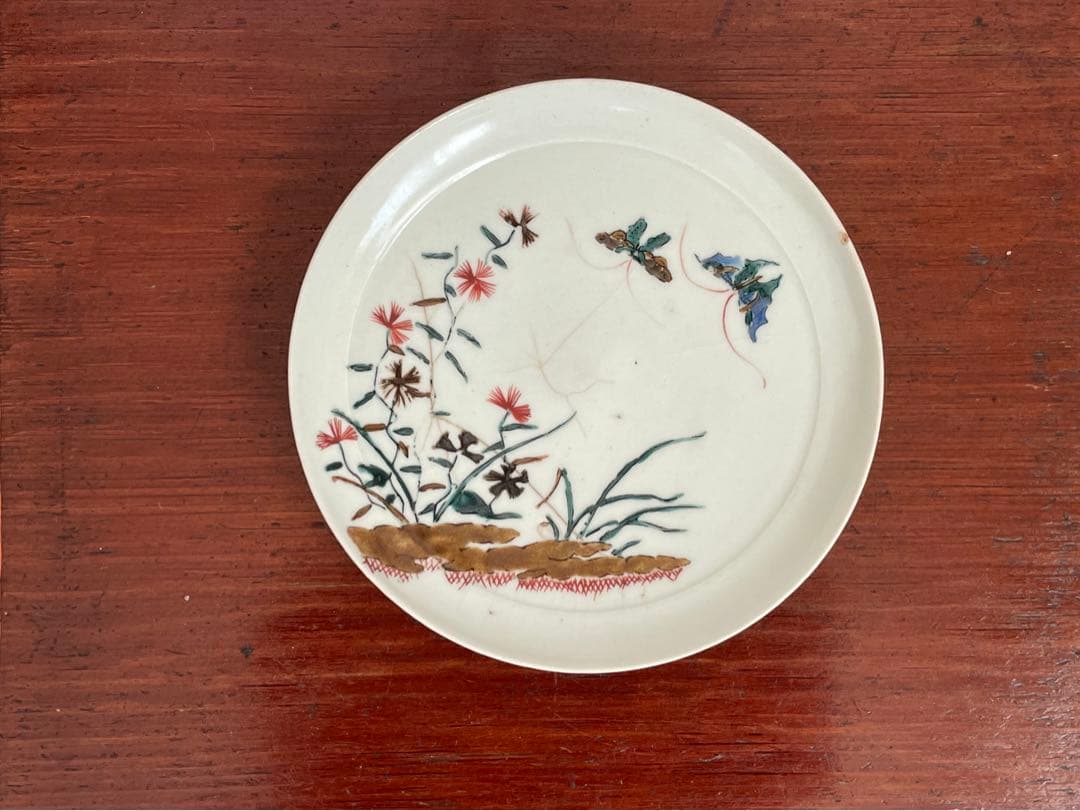 #1 骨董　アンティーク　色絵古九谷　撫子蝶々図　丸皿　五寸皿　角福　初期伊万里