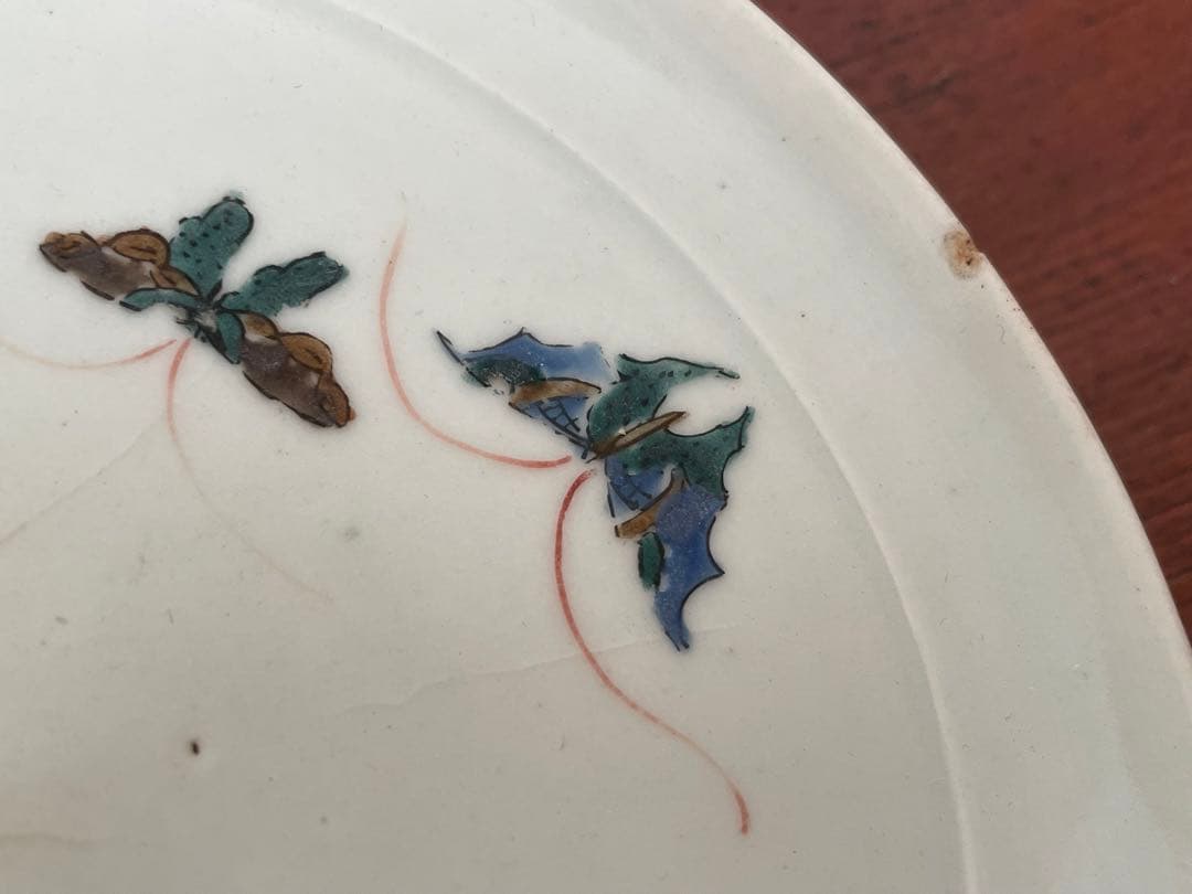 #1 骨董　アンティーク　色絵古九谷　撫子蝶々図　丸皿　五寸皿　角福　初期伊万里