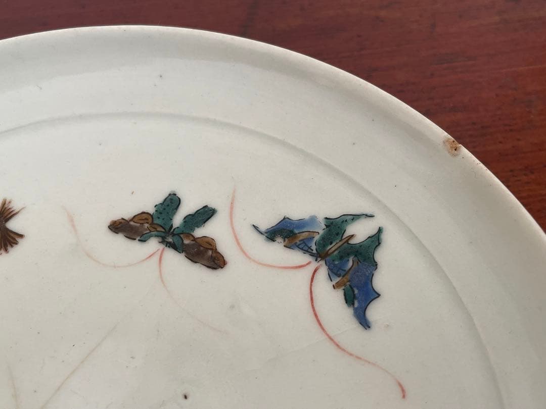 #1 骨董　アンティーク　色絵古九谷　撫子蝶々図　丸皿　五寸皿　角福　初期伊万里