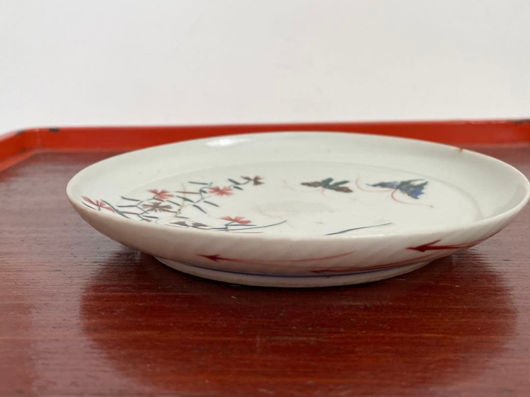 #1 骨董　アンティーク　色絵古九谷　撫子蝶々図　丸皿　五寸皿　角福　初期伊万里