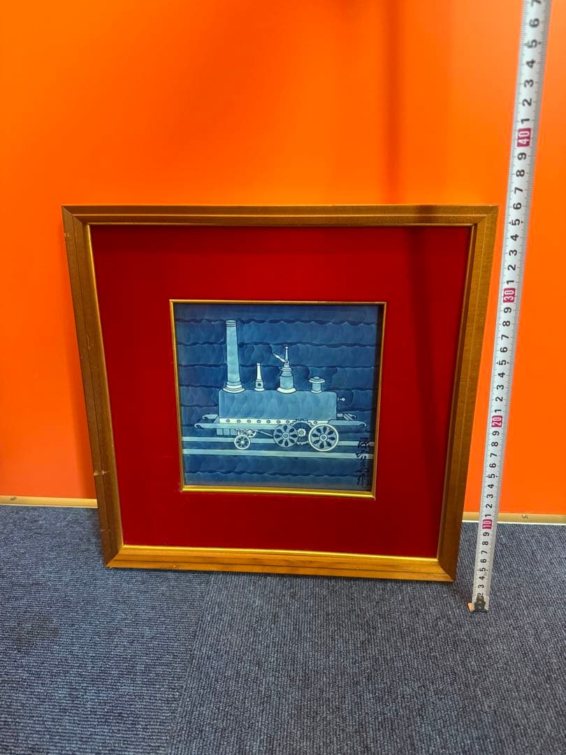 1914 源右衛門 染付 陶板画 額装 蒸気機関車図　額縁  置物　工芸品