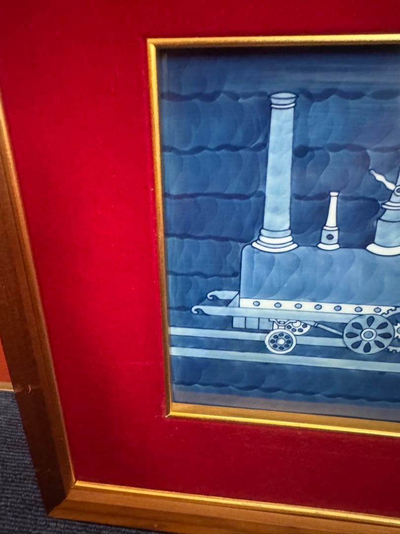 1914 源右衛門 染付 陶板画 額装 蒸気機関車図　額縁  置物　工芸品