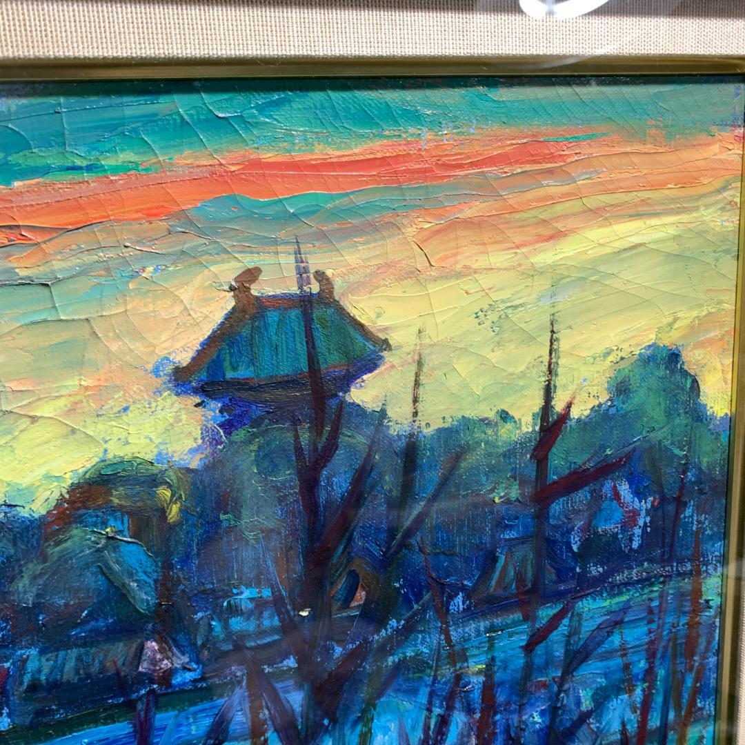 肉筆　大仏殿遠望　作者名　読めない　油絵　絵画　額装