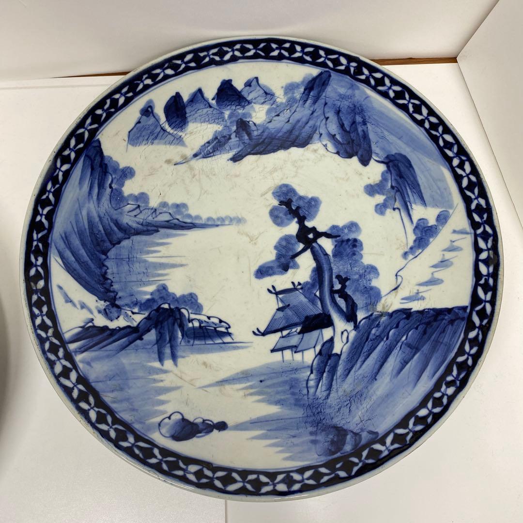 古伊万里　染錦　染付大皿4枚　美人画木箱付　タニコ　東さ7-0626⑥