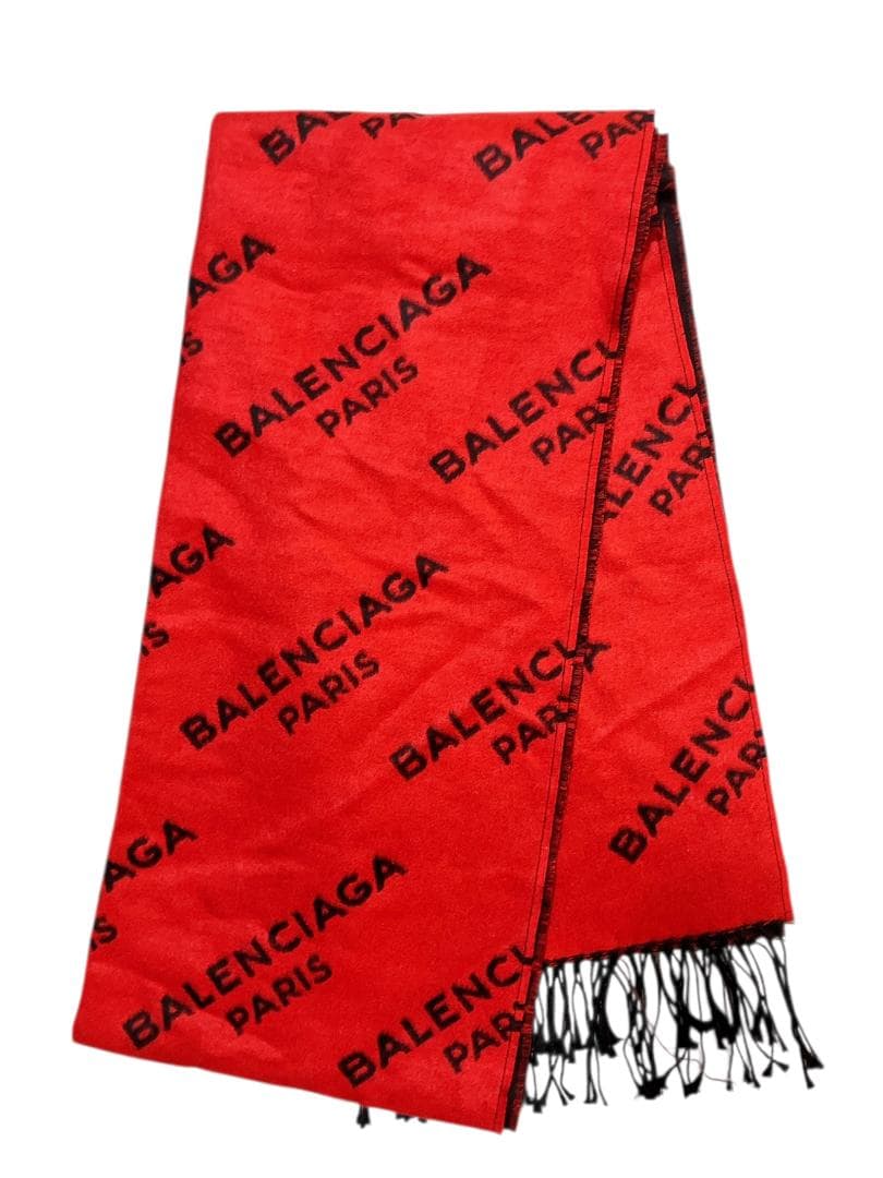 BALENCIAGA フリンジ マフラー 防寒具 レッド系×ブラック系