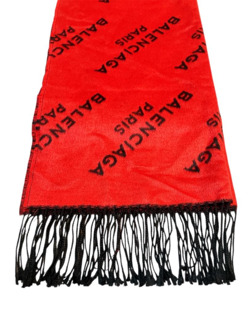 BALENCIAGA フリンジ マフラー 防寒具 レッド系×ブラック系