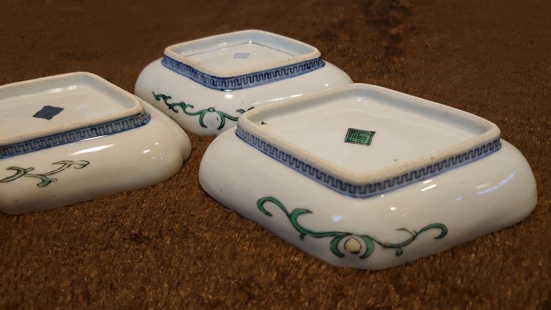 古九谷　九谷焼　色絵　菱形皿　蔵出し　３種　３客