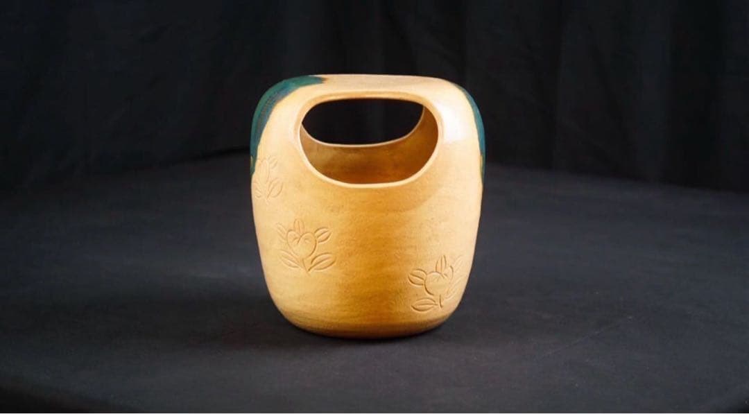 平安萬珠堂 造 黄瀬戸 花模様 手桶 一対 共箱 栞付 茶道具