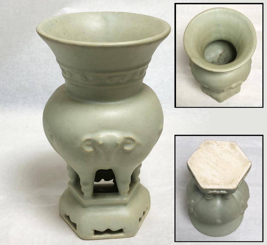 唐物 南宋『 青磁 三羊尊 』 高さ22.5cm 花瓶 花器 WWTT023