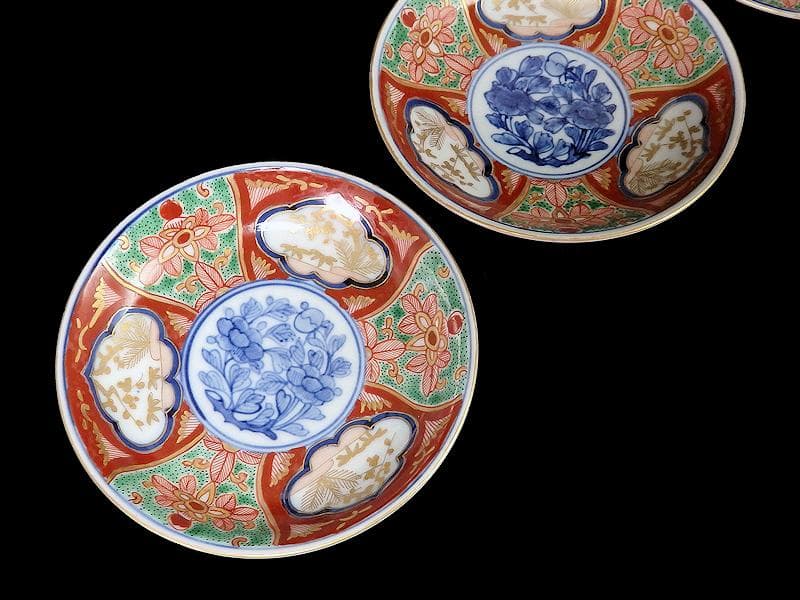 大聖寺伊万里　金襴手　窓絵　松竹梅に牡丹の図　４寸皿　３枚　D640AS-CEi