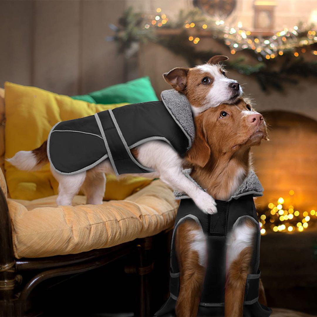 Tinsin 犬 服 防寒着 ウエスト調節可能 軽量 M 反射テープ　ブラック