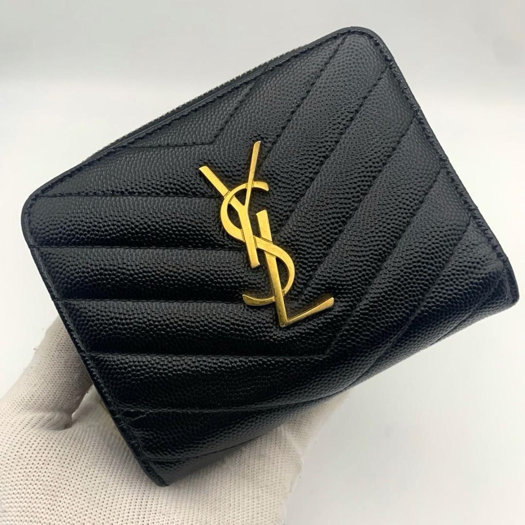 鑑定済み 美品 サンローラン 財布 カサンドラ YSL 二つ折り コンパクト 黒