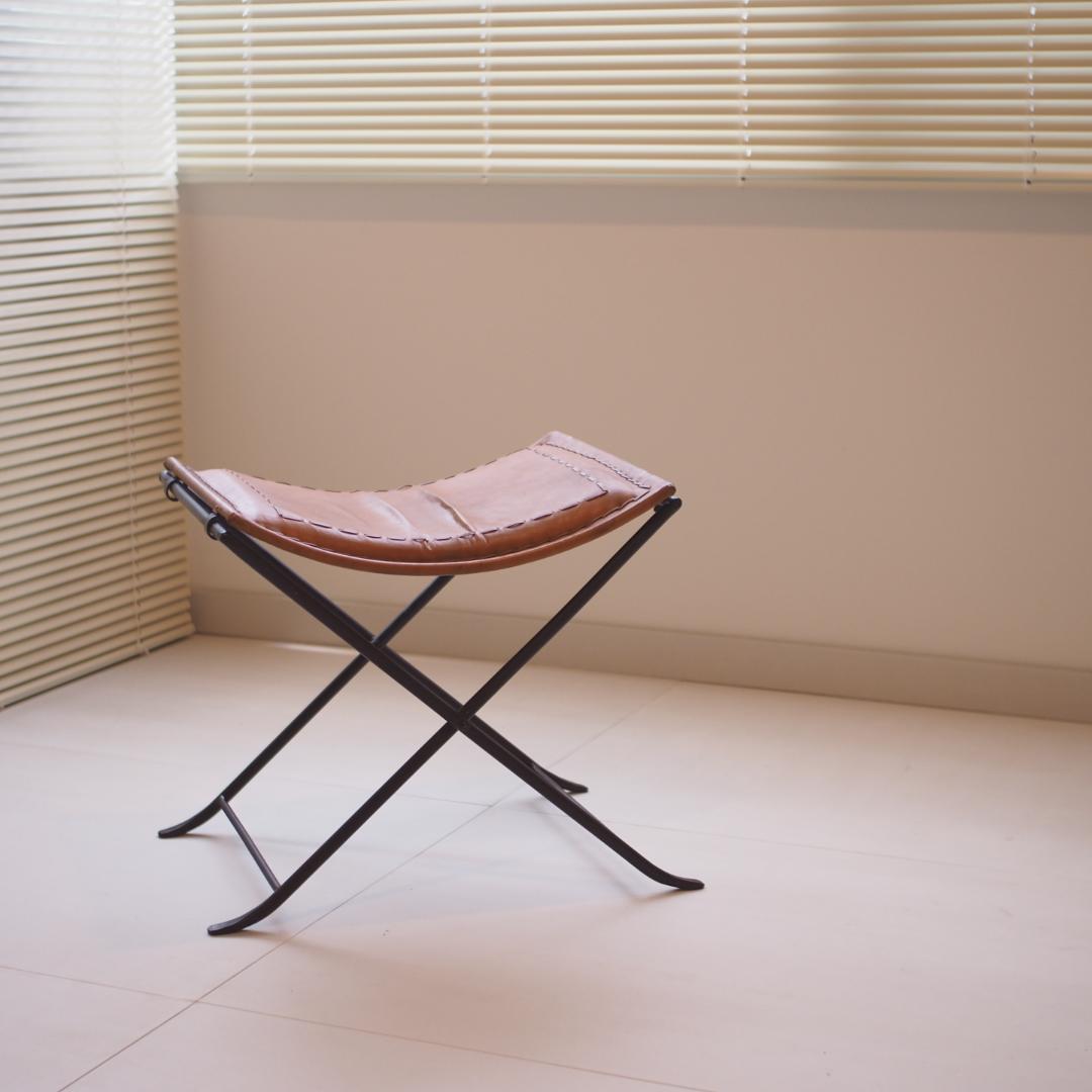 レザー折りたたみアイアンスツール 本革 山羊革