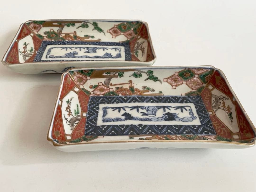 骨董　アンティーク　古伊万里　色絵　鮎皿　長方皿　2枚
