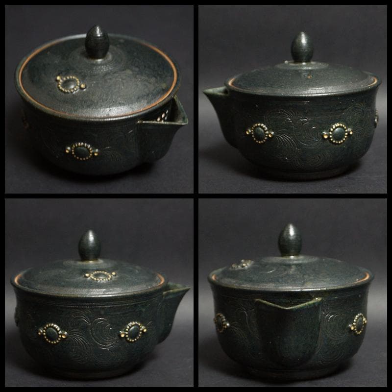 現代陶芸作家 宮里絵美造金彩鉄釉『瓔珞文』宝瓶 湯冷まし煎茶碗(五客) 化粧箱付