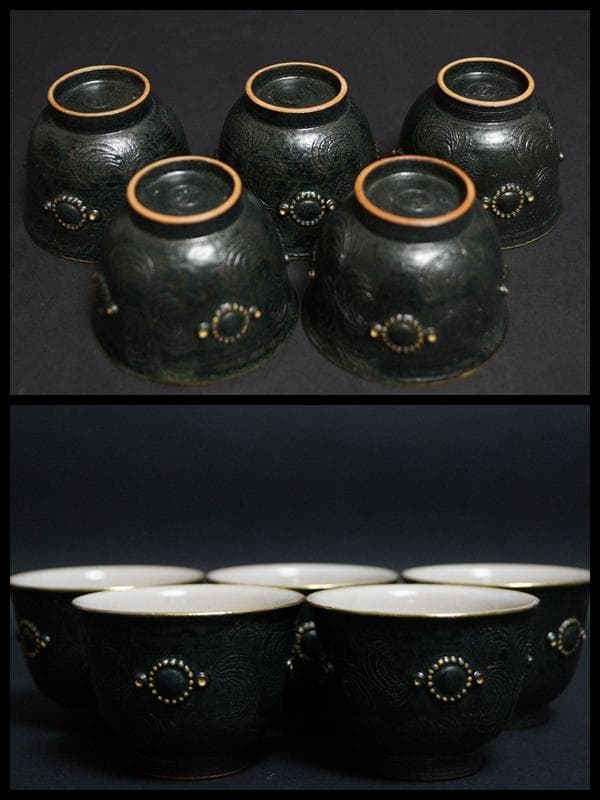 現代陶芸作家 宮里絵美造金彩鉄釉『瓔珞文』宝瓶 湯冷まし煎茶碗(五客) 化粧箱付